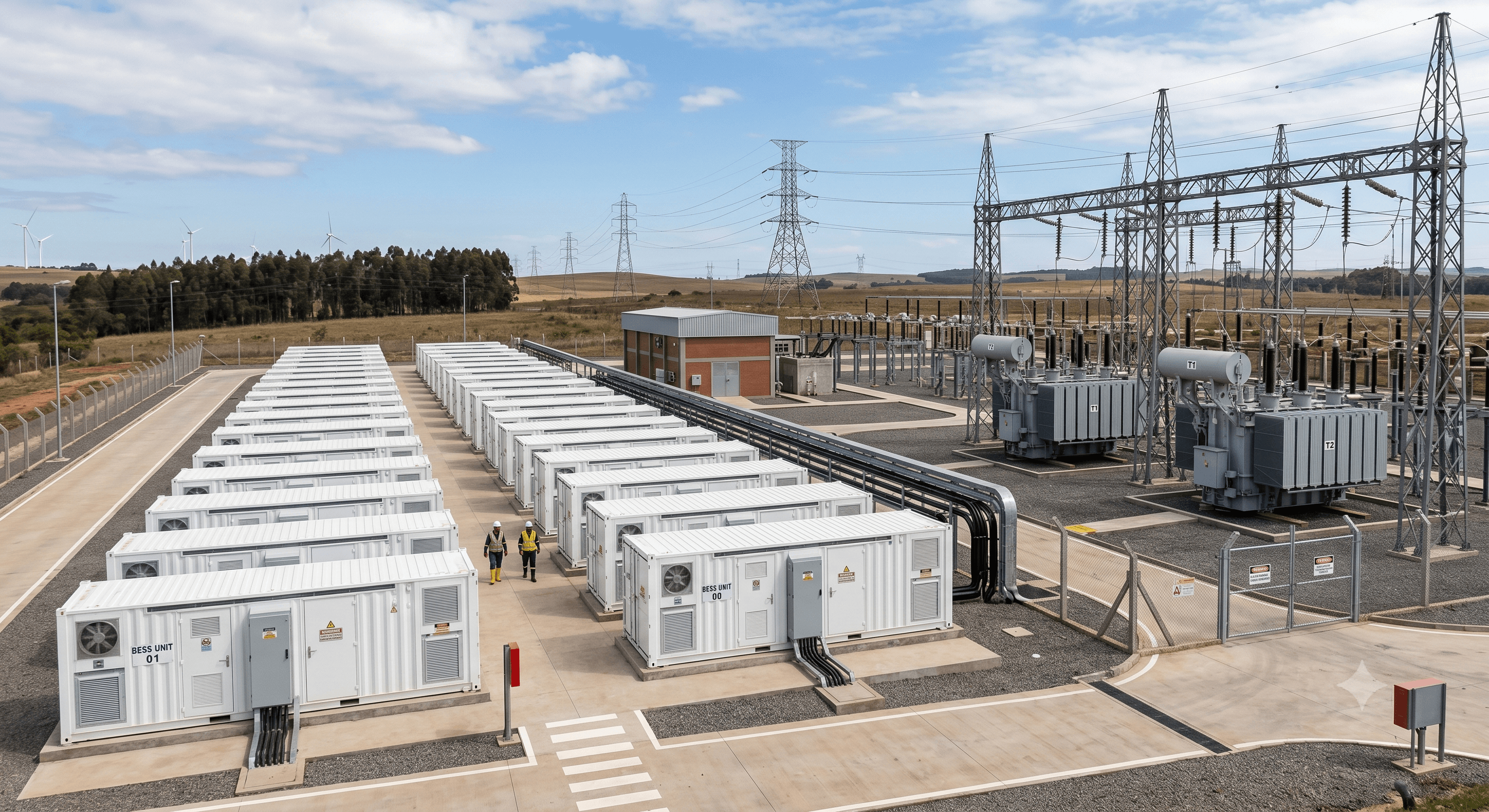 Planta BESS de larga escala — containers conectados à rede elétrica